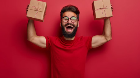 A man with glasses and beard holding two boxes, AIの素材