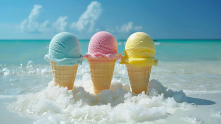 Three ice cream cones are sitting in the sand on a beach, AIの素材