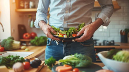 A man holding a plate of vegetables in his hands, AIの素材