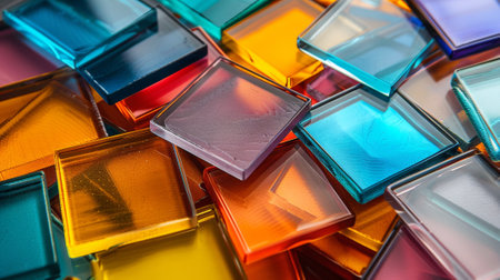 A pile of colorful glass tiles arranged in a square pattern, AIの素材