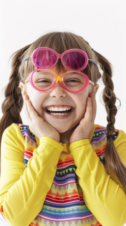 A little girl with a smile on her face wearing pink sunglasses, AIの素材