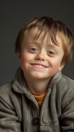A young boy smiling while holding a cell phone to his ear, AIの素材