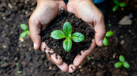 A person holding a small plant in their hands with dirt, AIの素材