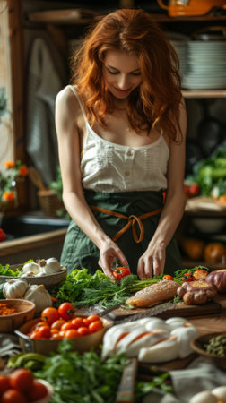 A woman with red hair standing over a table of food, AIの素材