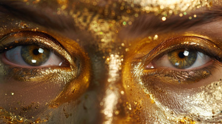 A close up of a womans face with gold paint on it, AIの素材