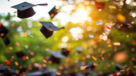 A bunch of graduation caps are flying in the air, AIの素材