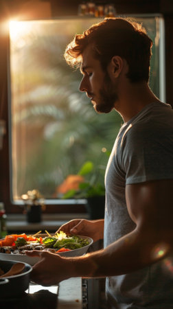 A man laying down with a plate of food in front of him, AIの素材