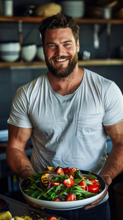 A man holding a plate of food with vegetables on it, AIの素材
