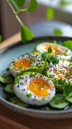 A plate of a meal with eggs and cucumbers on it, AIの素材