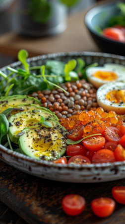 A plate of a bowl filled with vegetables and eggs, AIの素材