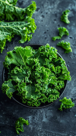A bowl of green leaves on a table with other greens, AIの素材
