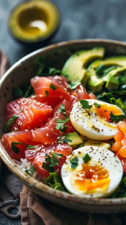 A bowl of a salad with eggs, avocado and tomatoes, AIの素材