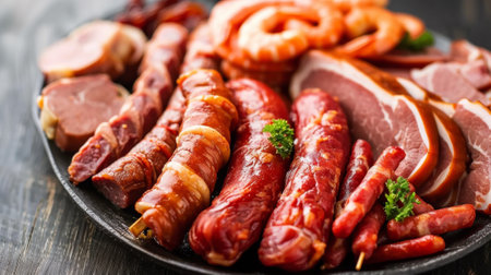 A plate of meat and vegetables on a table with shrimp, AIの素材