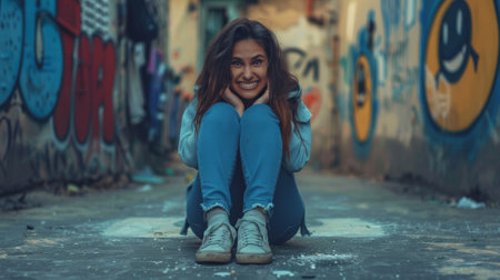 A woman sitting on the ground in front of a graffiti covered wall, AIの素材
