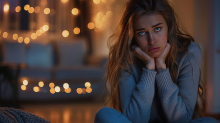 A woman sitting on the floor with her hands in front of her face, AIの素材