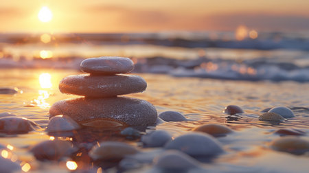 A stack of rocks in the water at sunset, AIの素材