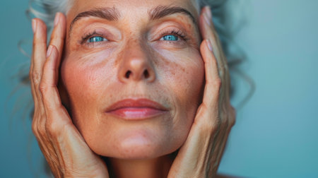 A woman with wrinkles on her face is touching the side of her head, AIの素材