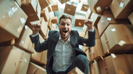 A man in a suit jumping up and down on boxes, AIの素材