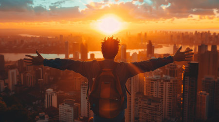 A man with arms outstretched on a city skyline at sunset, AIの素材