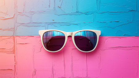 A pair of sunglasses are placed on a colorful wall, AIの素材