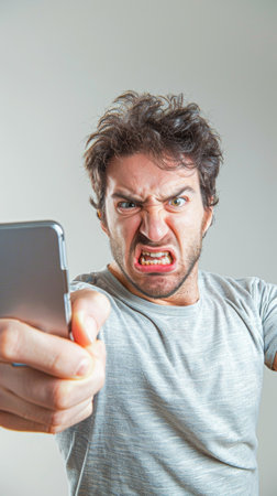 An angry man holding a cell phone in his hand and looking at the camera, AIの素材