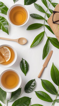 A table with cups of tea and a spoon next to lemons, AIの素材