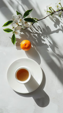 A cup of coffee and an orange on a white table, AIの素材