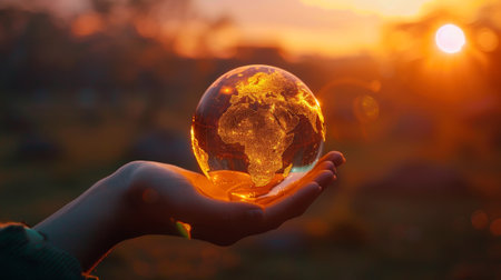 A person holding a globe in their hand with the sun setting behind them, AIの素材