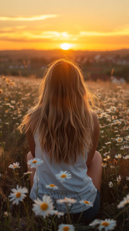 A woman sitting in a field of flowers with her back to the sun, AIの素材