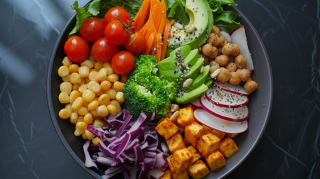 A plate of a bowl filled with vegetables and other food, AIの素材