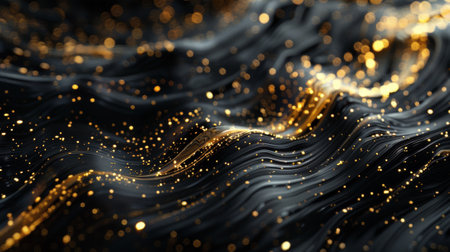 A close up of a black and gold surface with shiny dots, AIの素材