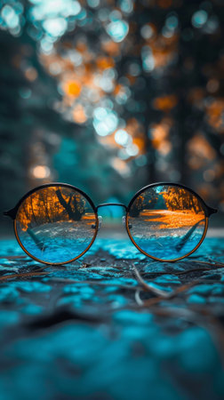 A pair of glasses hanging on a wall with the reflection in them, AIの素材