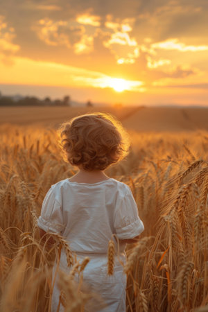 A little girl in a field of wheat at sunset, AIの素材