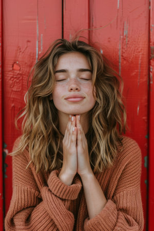 A woman in a sweater is praying with her hands together, AIの素材