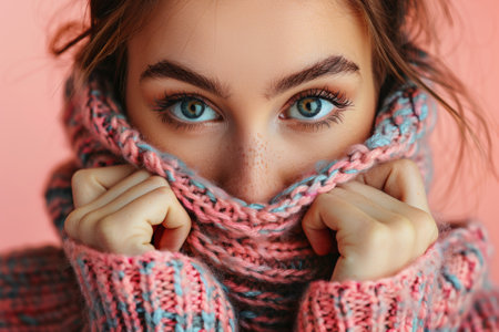 A woman with green eyes wearing a pink and blue sweater, AIの素材