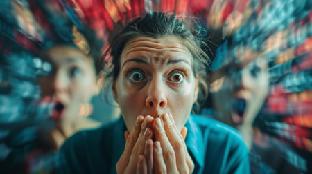 A woman with her hands covering her mouth in front of a blurred background, AIの素材