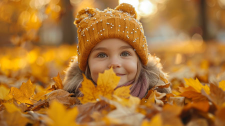 A little girl wearing a hat and laying in leaves, AIの素材