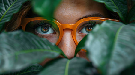 A woman with glasses peeking out from behind a leafy plant, AIの素材