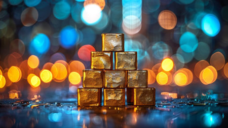 A close up of a stack of gold cubes on top of some blurry lights, AIの素材