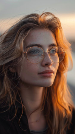 A woman with glasses looking up at the camera, AIの素材
