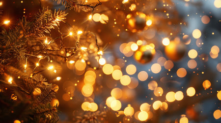 A close up of a christmas tree with lights and ornaments, AIの素材