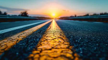 A road with a sun setting in the distance, AIの素材