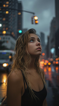 A woman with long hair standing in the rain on a city street, AIの素材