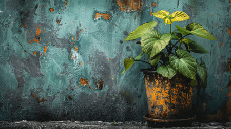 A plant in a pot against the wall of an old building, AIの素材