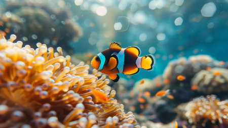 A clown fish is swimming in an ocean with coral, AIの素材