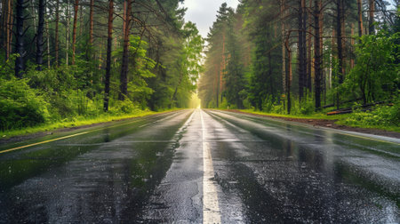 A wet road with a green forest in the background, AIの素材