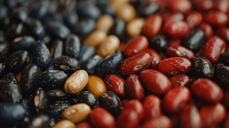 A close up of a bunch of beans and seeds in different colors, AIの素材