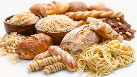 A pile of bread, pasta and other food items on a white table, AIの素材