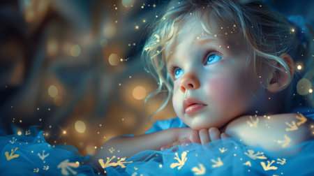 A little girl with blue eyes looking up at something, AIの素材