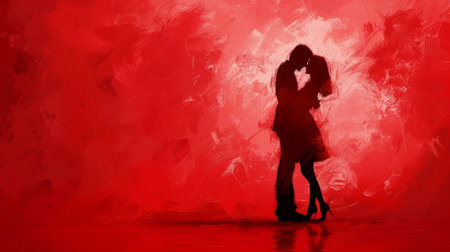 A couple kissing in a red room with abstract art, AIの素材